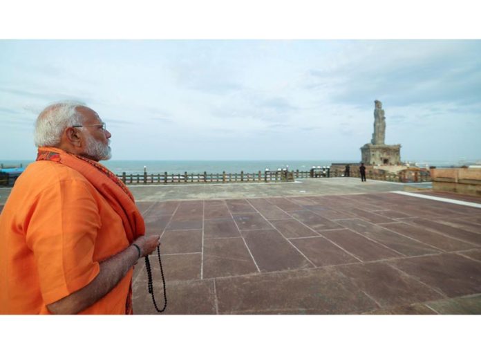 Prime Minister Narendra Modi at the Vivekananda Rock Memorial in Kanyakumari on Friday (UNI) Prime Minister Narendra Modi at the Vivekananda Rock Memorial in Kanyakumari on Friday (UNI)