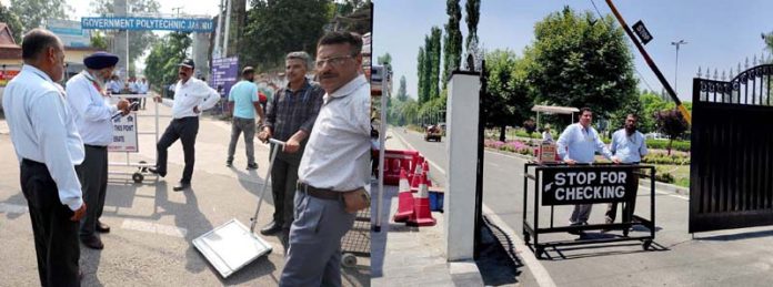 Tight security arrangements outside counting centres at Jammu (left) and Srinagar (right). -Excelsior pics by Rakesh & Shakeel Tight security arrangements outside counting centres at Jammu (left) and Srinagar (right). -Excelsior pics by Rakesh & Shakeel