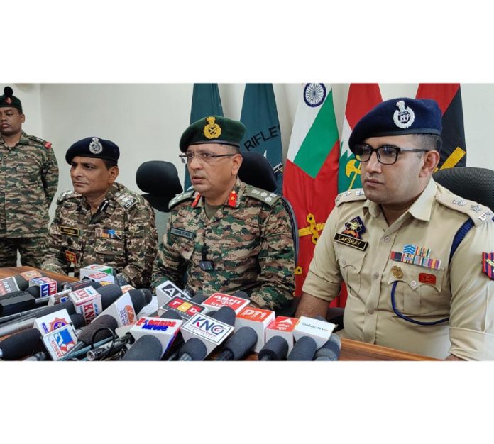 Security officials addressing a press conference at Bandipora on Tuesday. -Excelsior/Firdous Security officials addressing a press conference at Bandipora on Tuesday. -Excelsior/Firdous