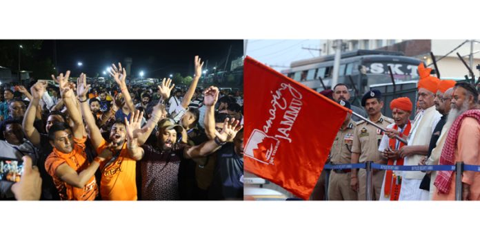 Jubilant yatris at Bhagwati Nagar Yatri Niwas (left) and LG Manoj Sinha flagging off first batch of Amarnath Ji pilgrims (right). — Excelsior/Rakesh