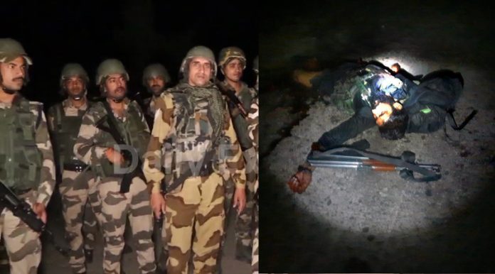Troops at village Saida Sukhal (left) and body of slain terrorist (right) in Hiranagar on Tuesday night. - Excelsior/Pradeep