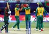 Keshav Maharaj celebrating after taking wicket against Bangladesh.