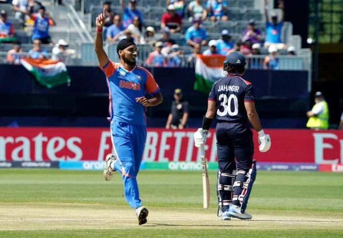 Arshdeep Singh celebrating a wicket against USA. Arshdeep Singh celebrating a wicket against USA.