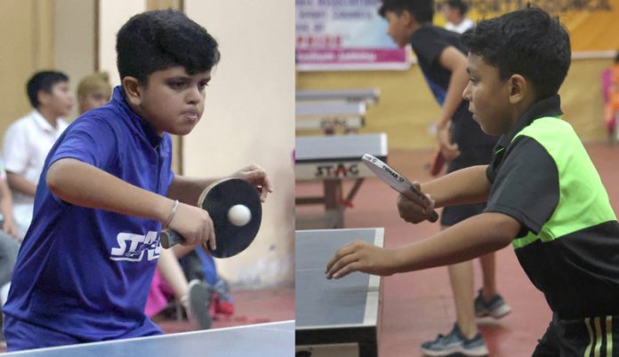 Saiyam Nischel and Aarav Gandotra in action during final match of 1st J&K Ranking Table Tennis Championship 2024 at Jammu. —Excelsior/Rakesh