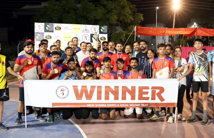 Winners Gymkhana Club Ludhiana receives title trophy from chief guest, Dr Kaushal Sharma (SSP) and Sandeep Wazir (SSP) at Jammu on Monday.