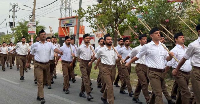 RSS volunteers taking out a march past in Jammu on Thursday. RSS volunteers taking out a march past in Jammu on Thursday.