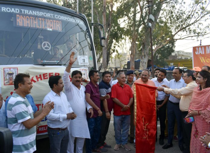 Div Com Jammu, Ramesh Kumar along with Relief and Rehabilitation Commissioner, Arvind Karwani and other senior officers flagging of Mata Kheerbhawani Yatra at Nagrota on Wednesday.