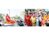 Union Minister Dr Jitendra Singh leading the victory procession at Kathua (left). Party leaders led by JK BJP president Ravinder Raina celebrating victory at party headquarters Jammu (right). —Excelsior/Rakesh