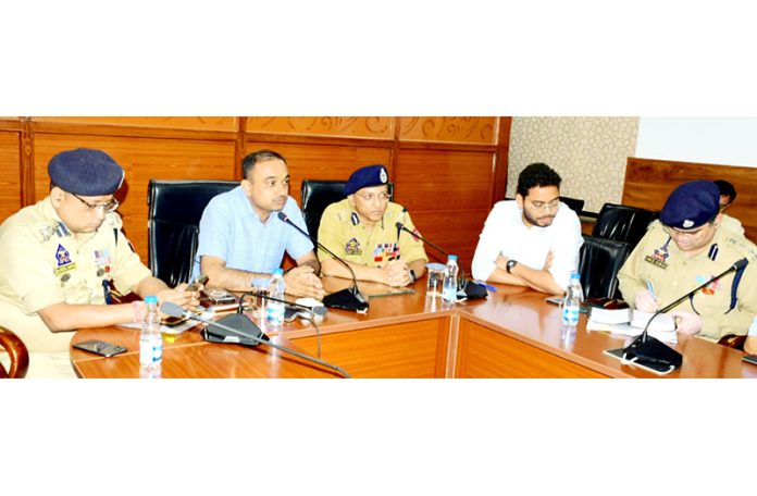 Div Com Ramesh Kumar along with ADGP Jammu Anand Jain chairing a meeting on Friday.