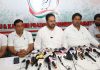 JKPCC president Vikar Rasool Wani flanked by others addressing a press conference in Jammu. —Excelsior/Rakesh
