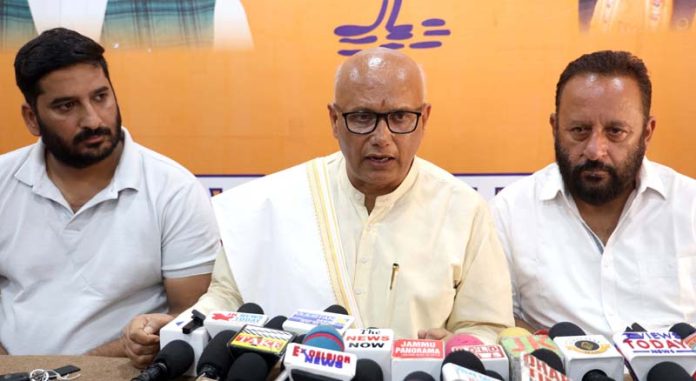 Former Mayor, Rajinder Sharma during a press conference at Jammu on Friday. -Excelsior/Rakesh Former Mayor, Rajinder Sharma during a press conference at Jammu on Friday. -Excelsior/Rakesh