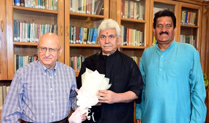 LG Manoj Sinha meeting with Dr Maharaj Krishan Razdan on Saturday.