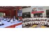 Staff of J&K High Court during Yoga Day event at High Court Complex Jammu (left) and Srinagar (right) on Friday.