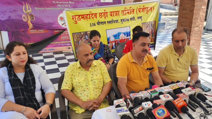 Members of Chhari Yatra Samiti Sudhmahadev at a press conference at Jammu on Thursday. —Excelsior/Rakesh