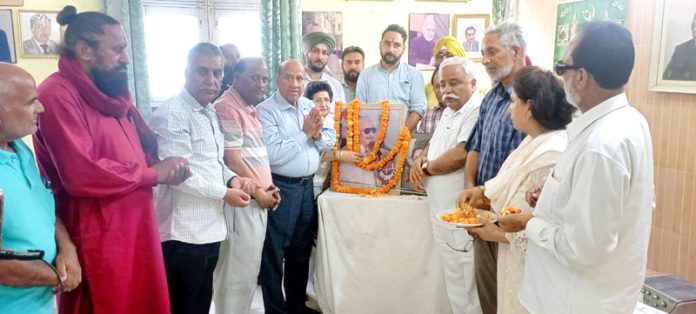 National Conference leaders paying tribute to Afzal Beg and Mohi-ud-Din Shah in Jammu on Tuesday. National Conference leaders paying tribute to Afzal Beg and Mohi-ud-Din Shah in Jammu on Tuesday.