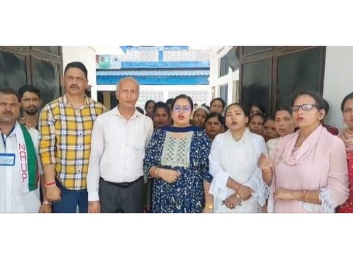 Shikha Bandral, General Secretary, NAUP along with others during a protest in Jammu on Monday.