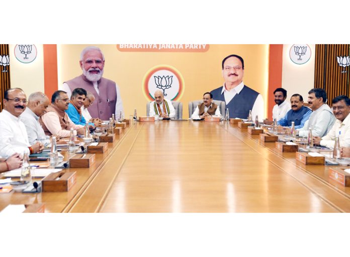 Amit Shah and JP Nadda chairing meeting with J&K BJP leaders at New Delhi on Thursday. Amit Shah and JP Nadda chairing meeting with J&K BJP leaders at New Delhi on Thursday.