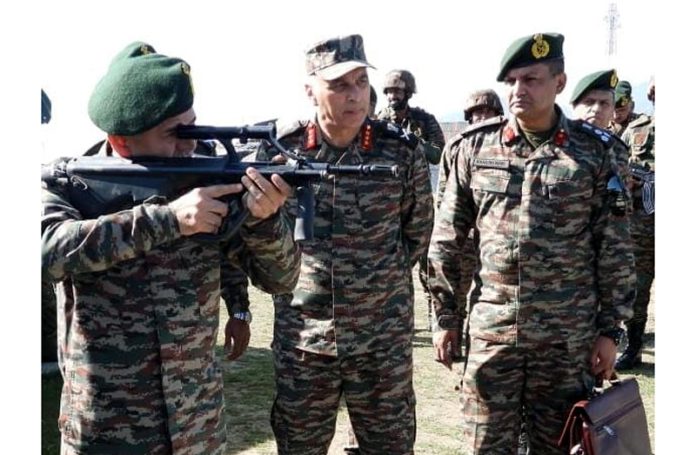 Army chief Gen Upendra Dwivedi during visit to forward area of Kashmir on Thursday. -Excelsior/Younis Khaliq