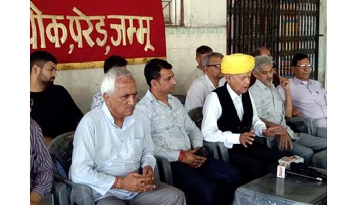President of Dogra Brahman Pratinidhi Sabha talking to media persons after a meeting of the Sabha members on Saturday. President of Dogra Brahman Pratinidhi Sabha talking to media persons after a meeting of the Sabha members on Saturday.