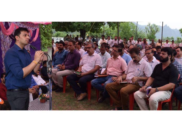 DC Kathua Dr Rakesh Minhas addressing a gathering at village Juthana on Wednesday.