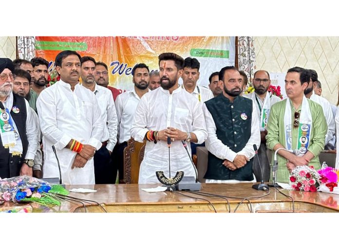 Union Minister Chirag Paswan at LJP meeting in Srinagar on Friday. Union Minister Chirag Paswan at LJP meeting in Srinagar on Friday.