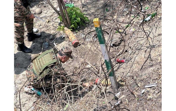 Army troops destroying rusted mortar shells near Nagrota in Jammu outskirts, on Tuesday. (UNI) Army troops destroying rusted mortar shells near Nagrota in Jammu outskirts, on Tuesday. (UNI)