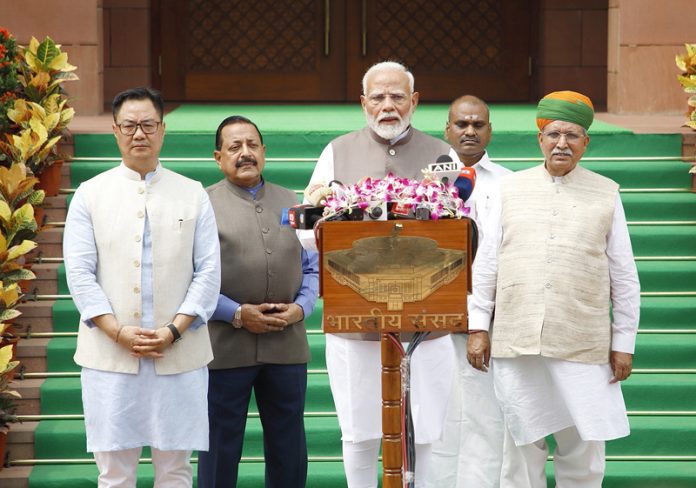PM Narendra Modi addressing the media at Parliament House on the first day of the budget session. Also seen are Union Ministers Kiren Rijiju, Dr Jitendra Singh, L.Murugan and Arjun Meghwal. PM Narendra Modi addressing the media at Parliament House on the first day of the budget session. Also seen are Union Ministers Kiren Rijiju, Dr Jitendra Singh, L.Murugan and Arjun Meghwal.