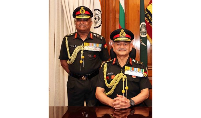 Outgoing Army chief General Manoj Pande hands over the command of the Indian Army to General Upendra Dwivedi in New Delhi on Saturday.(UNI) Outgoing Army chief General Manoj Pande hands over the command of the Indian Army to General Upendra Dwivedi in New Delhi on Saturday.(UNI)