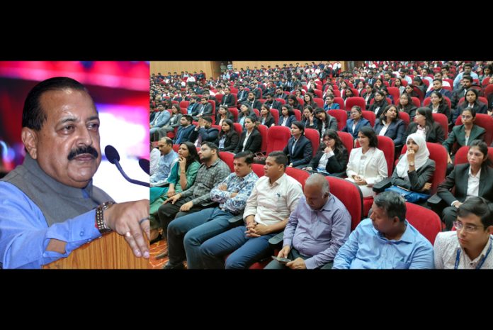 Union Minister Dr Jitendra Singh addressing a programme aat IIM Jagti, Jammu on Monday. -Excelsior/Rakesh