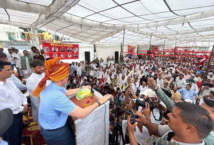 Former CM & NC vice president Omar Abdullah addressing a rally at Gurha Slathia in Samba on Sunday. Former CM & NC vice president Omar Abdullah addressing a rally at Gurha Slathia in Samba on Sunday.