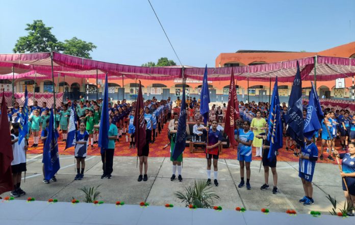 Students of different schools holding their flags during the opening ceremony of 53rd Regional Sports Meet at Nagrota. Students of different schools holding their flags during the opening ceremony of 53rd Regional Sports Meet at Nagrota.