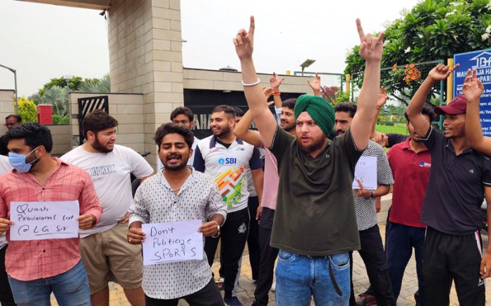 National Coordinator of IYC Sports Cell, Advocate Ranjodh Singh and other sports persons during a protest in Jammu. -Excelsior/Rakesh National Coordinator of IYC Sports Cell, Advocate Ranjodh Singh and other sports persons during a protest in Jammu. -Excelsior/Rakesh