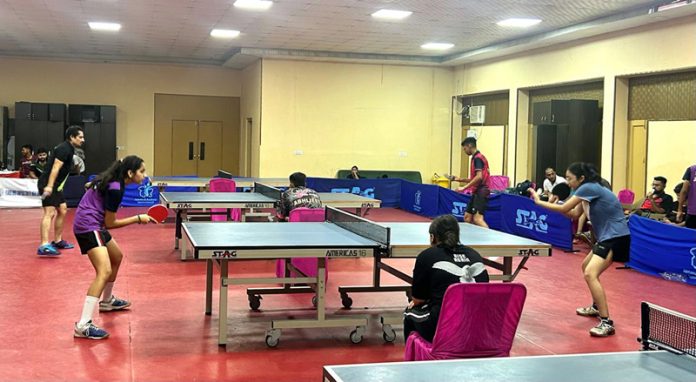 Girls in action in an ongoing 2nd J&K Table Tennis Ranking Championships 2024 at M.A Stadium on Sunday. -Excelsior/Rakesh Girls in action in an ongoing 2nd J&K Table Tennis Ranking Championships 2024 at M.A Stadium on Sunday. -Excelsior/Rakesh
