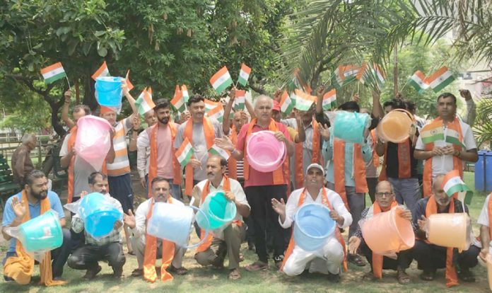 Workers of Shiv Sena and Dogra Front during a protest in Jammu on Monday.