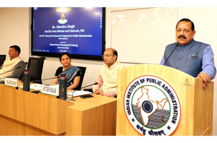 Union Minister Dr Jitendra Singh addressing officers from Army, Navy, Airforce and Civil services at the 50th “Advanced Professional Programme in Public Administration” (APPA) at IIPA, New Delhi on Tuesday. Union Minister Dr Jitendra Singh addressing officers from Army, Navy, Airforce and Civil services at the 50th “Advanced Professional Programme in Public Administration” (APPA) at IIPA, New Delhi on Tuesday.