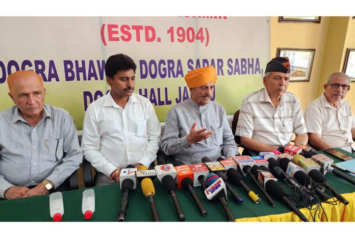 President of DSS Gulchain Singh Charak addressing press conference in Jammu on Tuesday. — Excelsior/Rakesh