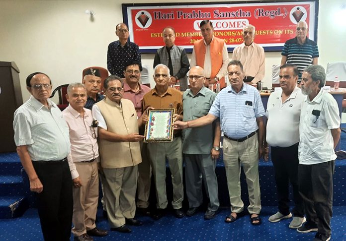Hari Prabhu Sanstha functionaries present lifetime achievement award to S K Jain during Foundation Day celebration at Jammu on Sunday.
