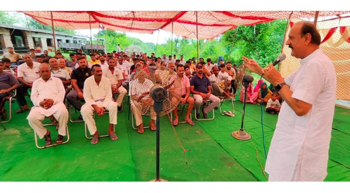 Senior Vice President Pradesh BJP, Surjeet Singh Slathia addressing a public rally in Jammu on Sunday.