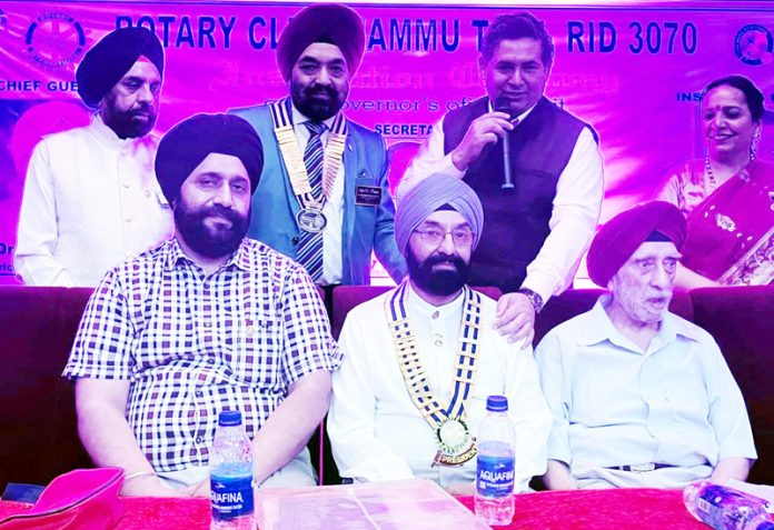 Dignitaries from Rotary Club Jammu Tawi during a function for installation of new Club president, Balvinder Singh on Monday.