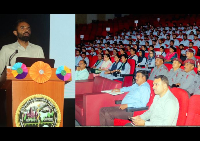 An expert addressing supporting staff of AIIMS Jammu during an awareness session on “Safe Use of Elevator and Escalator”. An expert addressing supporting staff of AIIMS Jammu during an awareness session on “Safe Use of Elevator and Escalator”.