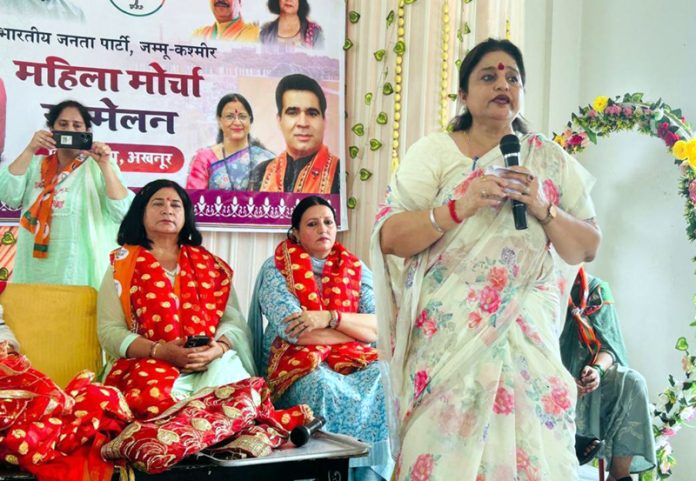 BJP senior leader and former Minister, Priya Sethi addressing a meeting of Mahila Morcha at Akhnoor on Thursday.