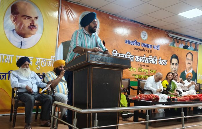 BJP Minority Morcha president Ranjodh Singh Nalwa addressing party workers during a meeting at party headquarters in Jammu. BJP Minority Morcha president Ranjodh Singh Nalwa addressing party workers during a meeting at party headquarters in Jammu.