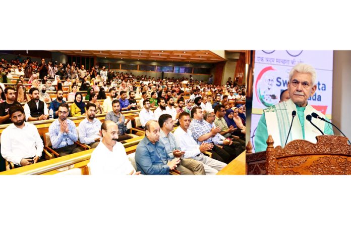 LG Manoj Sinha addressing gathering during the launch of Swachhta Pakhwada on Wednesday. LG Manoj Sinha addressing gathering during the launch of Swachhta Pakhwada on Wednesday.
