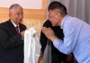 Sikyong Penpa Tsering greeting LG Ladakh Brig (Retd) BD Mishra in Leh on Tuesday.