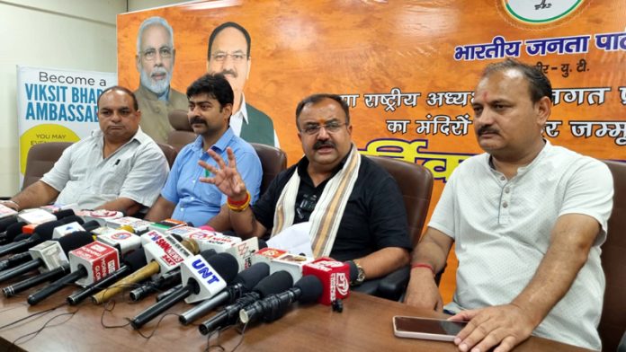 BJP senior leader and former MLC, Vikram Randhawa at a press conference at Jammu on Saturday. BJP senior leader and former MLC, Vikram Randhawa at a press conference at Jammu on Saturday.