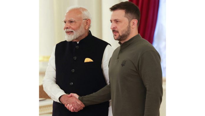 Prime Minister Narendra Modi meeting with President of Ukraine Volodymyr Zelenskyy at Kiev in Ukraine on Friday. (UNI)