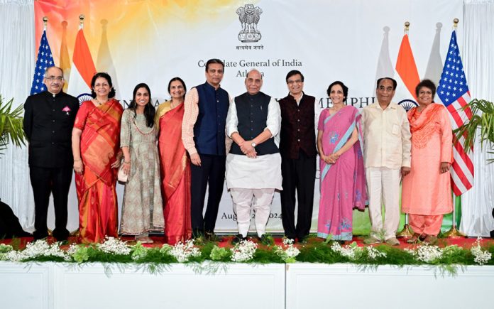 MEMPHIS, 26 AUG :- Defence Minister Rajnath Singh with the Indian community in Memphis, Tennessee, United States on Monday. UNI 