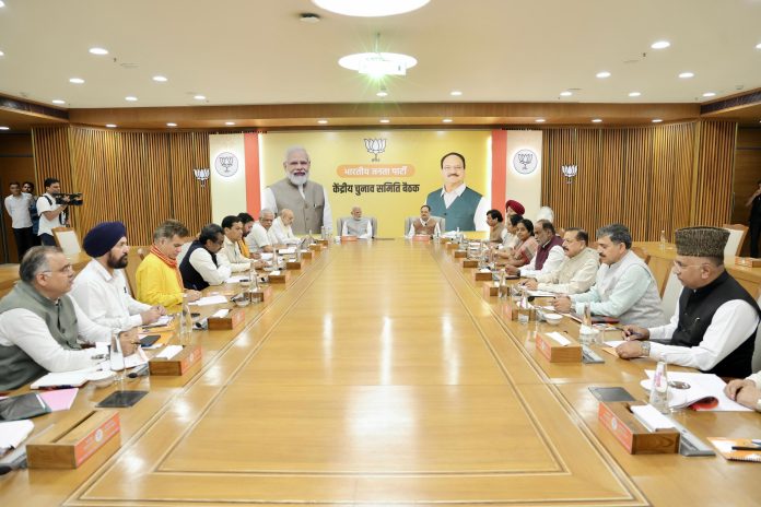 Prime Minister Narendra Modi and BJP national president J P Nadda at BJP National Election Committee meeting in New Delhi on Sunday.