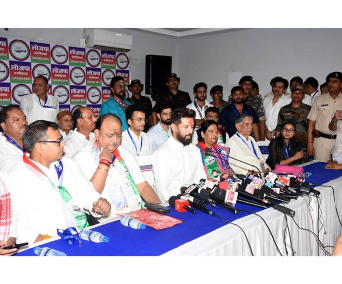 Union Minister Chirag Paswan addressing a press conference in Ranchi on Sunday. (UNI)