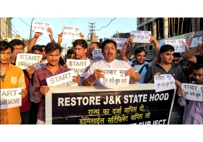 Sunil Dimple president Mission Statehood staging a protest in Jammu on Wednesday. Sunil Dimple president Mission Statehood staging a protest in Jammu on Wednesday.